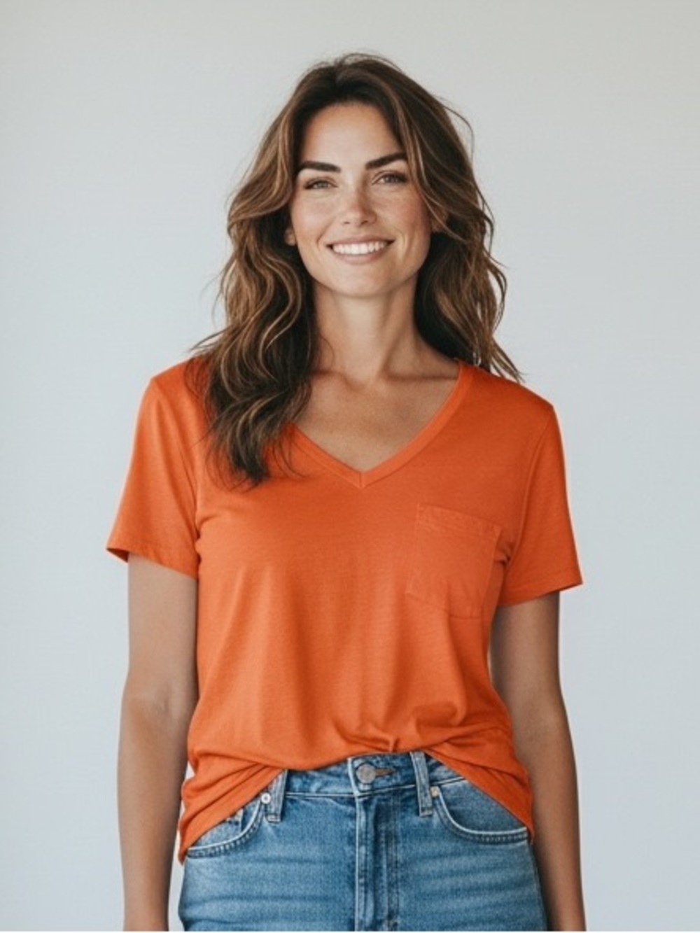 Max Studio Orange V-Neck Pocket Tee with Subtle Stripe Detail